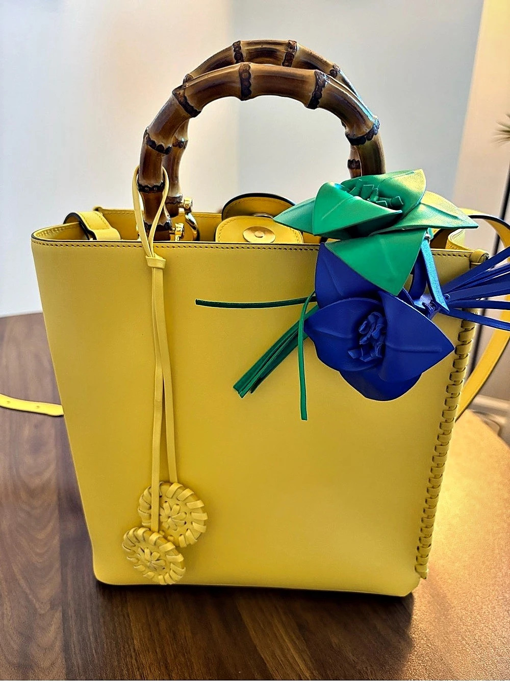 Jack Rogers Bamboo Handle Leather Tote in Yellow w/ Green & Blue flower Charms